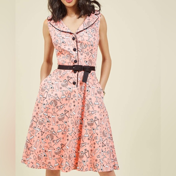 Voodoo Vixen Dresses & Skirts - Voodoo Vixen May Belle Pink Cocktail Swing Flare Dress Atomic Pattern NO Belt M